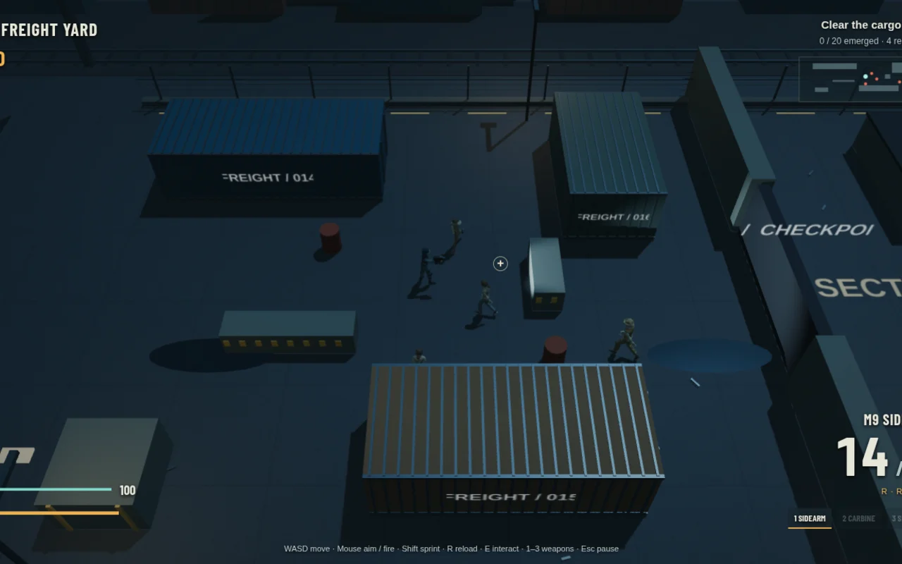 BREACH gameplay showing the player facing enemies in a dark freight sector.