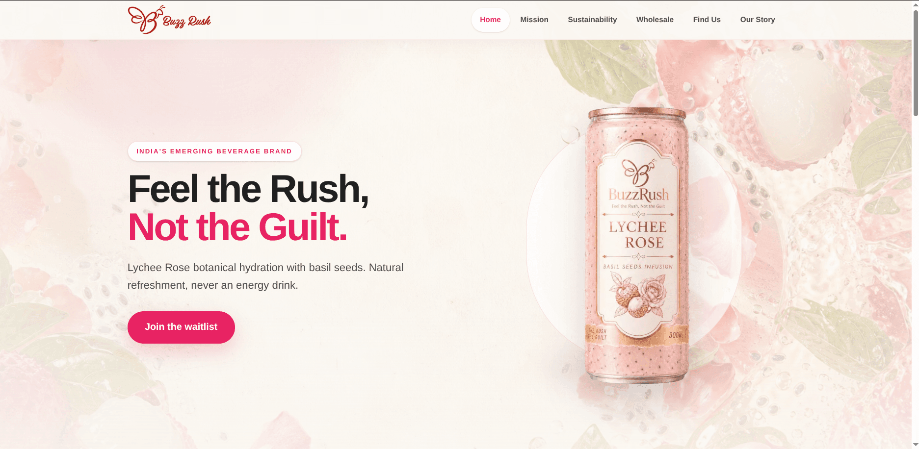 BuzzRush public website with its Lychee Rose beverage and invitation to join the waitlist.