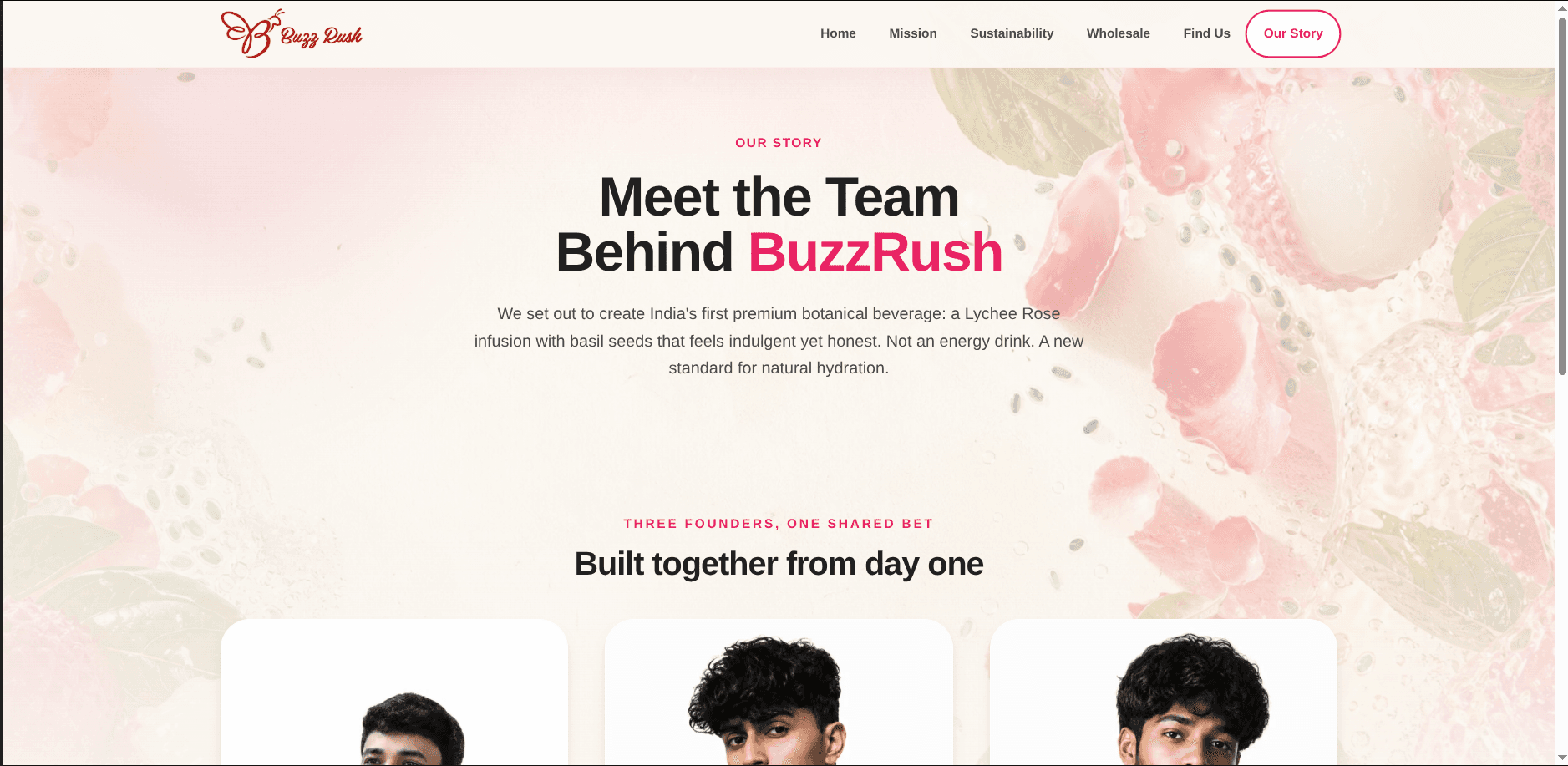 BuzzRush public website introducing the three-person founding team.