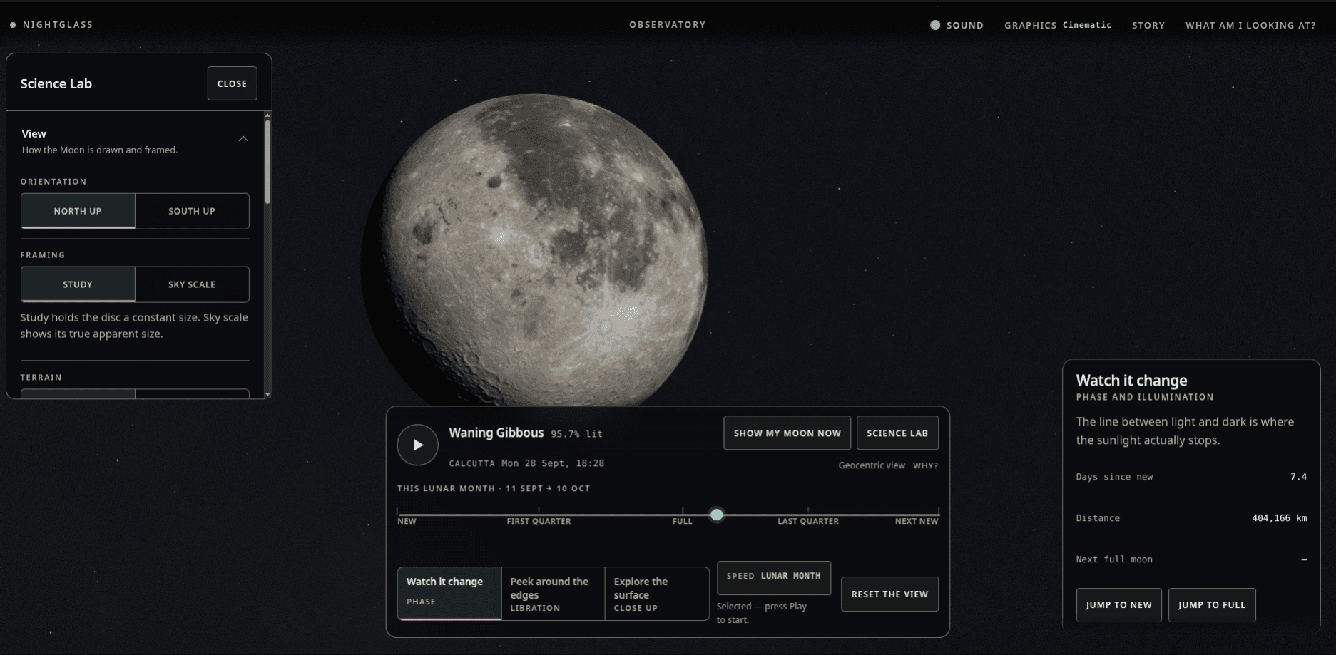 NIGHTGLASS showing the Moon, lunar timeline, and open Science Lab controls.