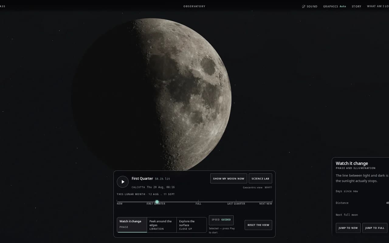 NIGHTGLASS showing a detailed geocentric Moon view against a dark sky.