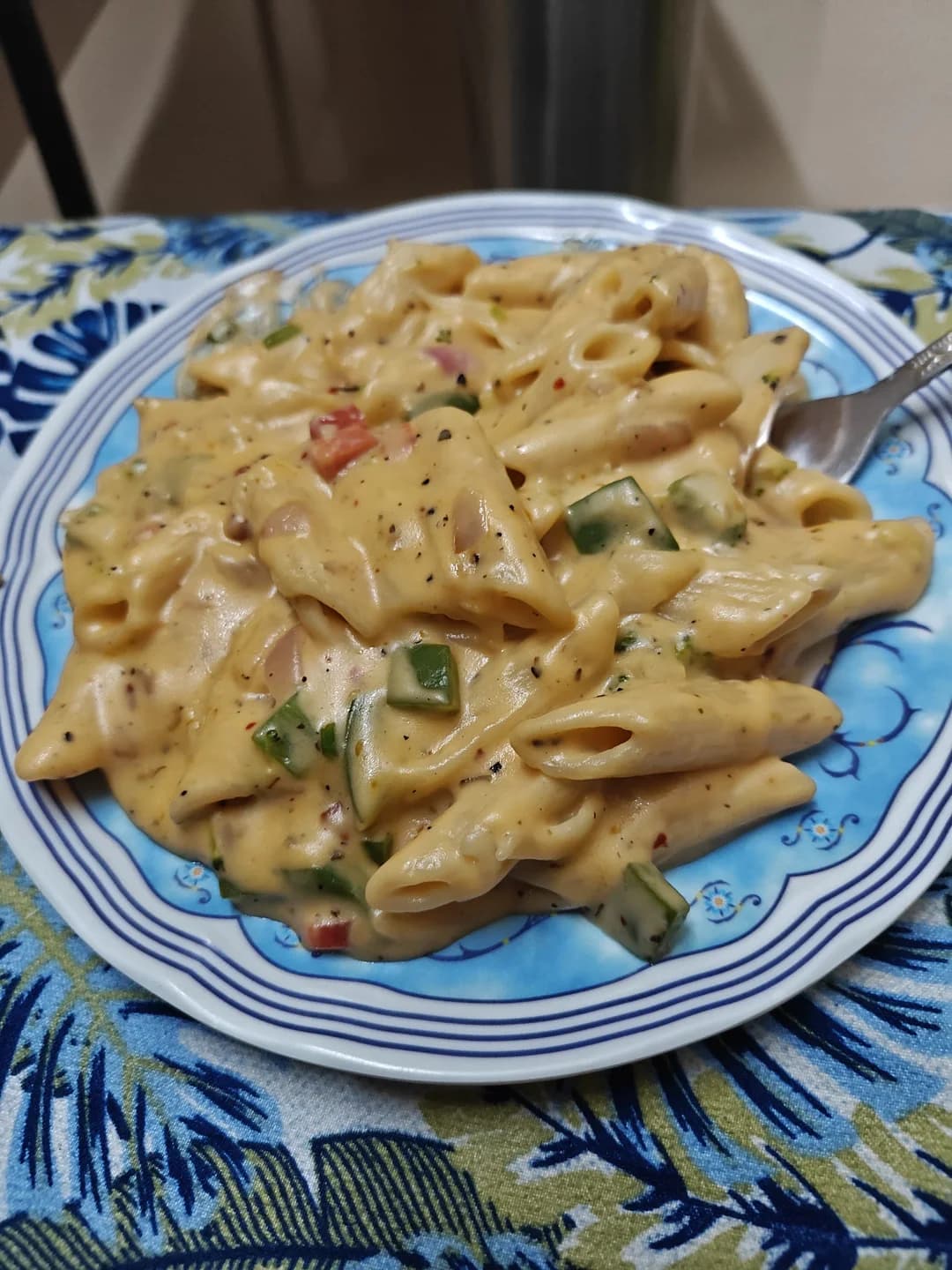 A plate of creamy penne pasta cooked by Aarush.