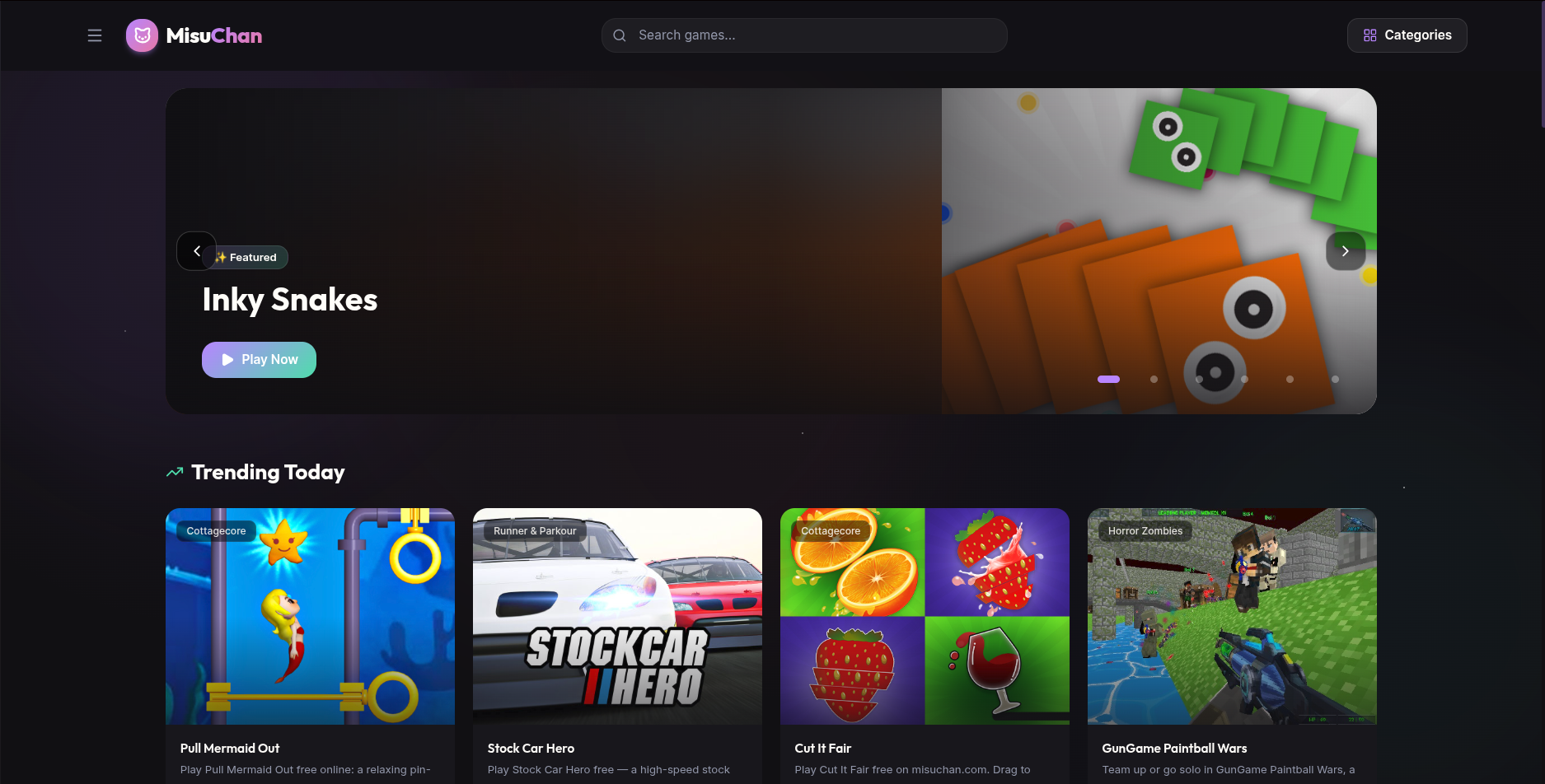MisuChan homepage showing featured and trending browser games.