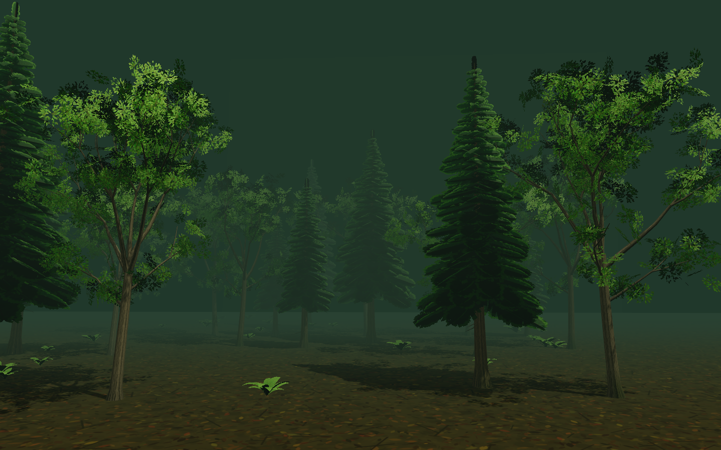 Layered conifers, woodland foliage and a sunlit clearing beneath the canopy.